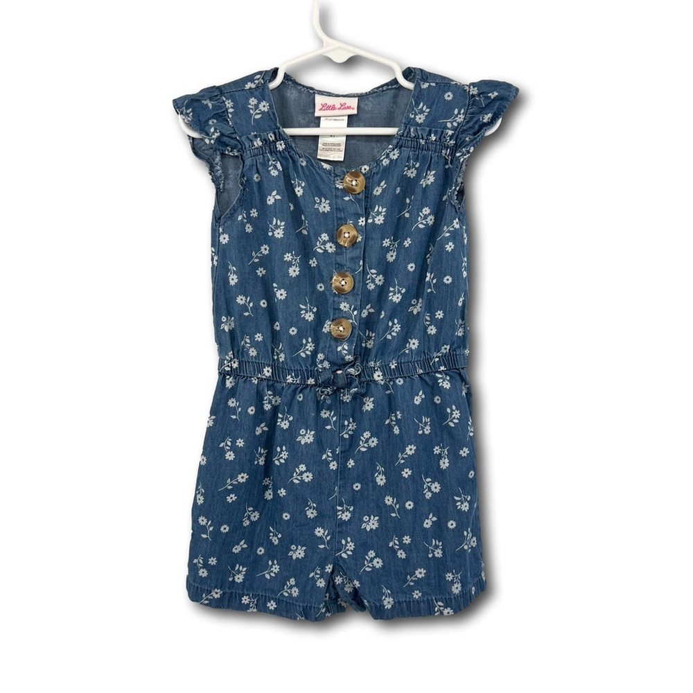 Little Lass Denim Look Romper Jumper Toddler Girls 4T Floral Button 100% Cotton